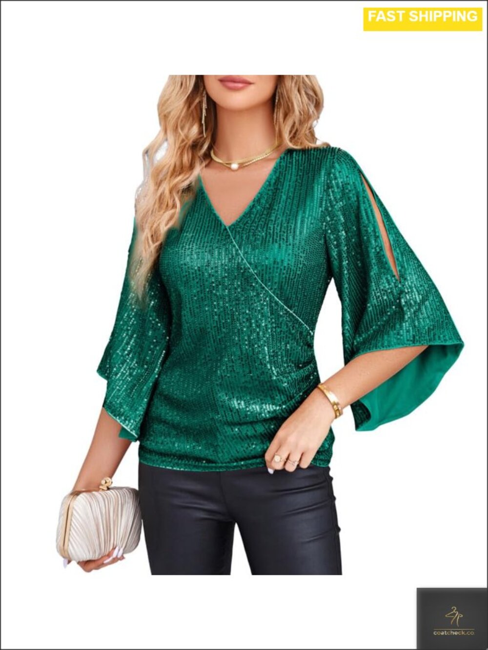 Sequin V-Neck Blouse 3/4 Bell Sleeve Slim Fit Sparkly Party Top